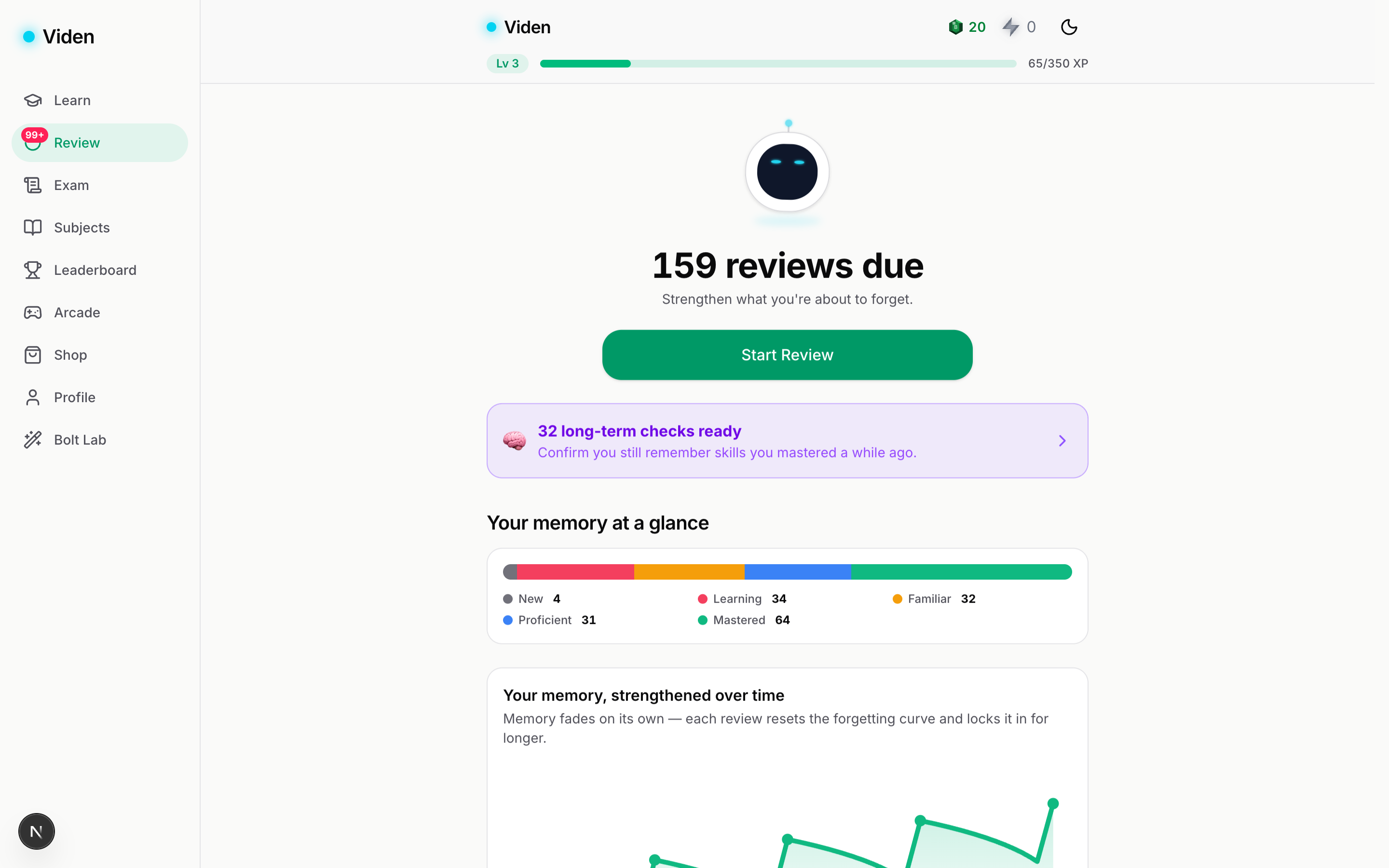 Viden review screen: reviews due, a memory-state breakdown, and a memory-strength chart.
