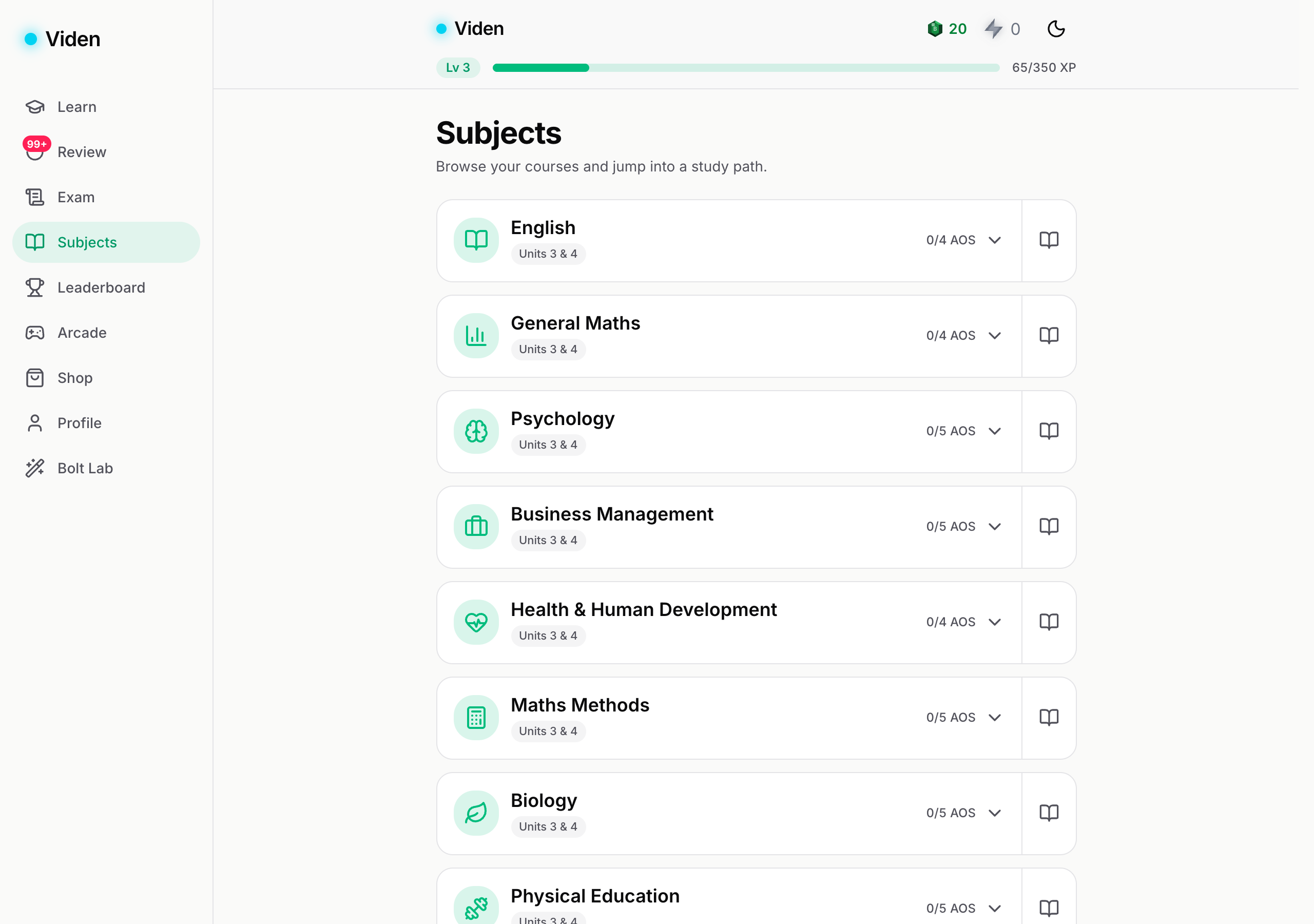 Viden's subject list showing all 50 VCE studies across Units 3 and 4, each with its areas of study.