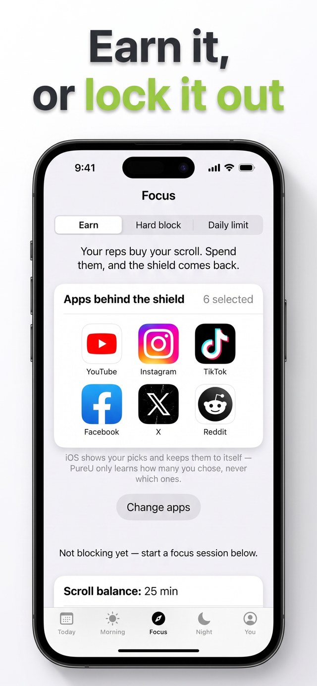 The blocker: apps behind the shield, with earn-back, hard block and daily limit.