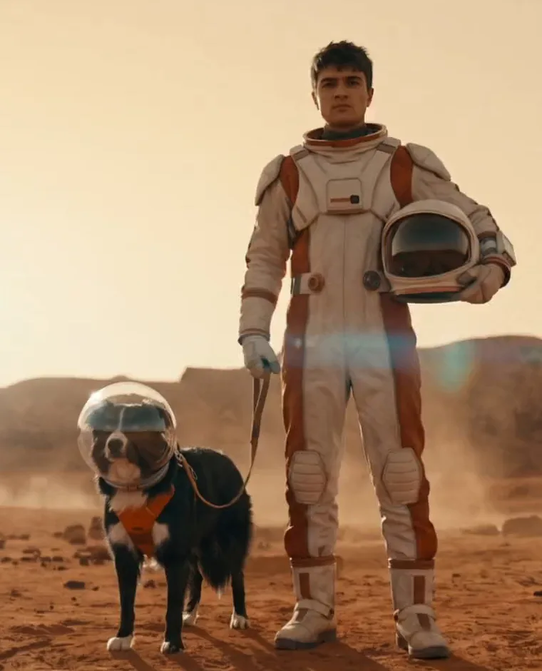 Alex Waugh in a spacesuit on Mars with Ace, a border collie in a space helmet