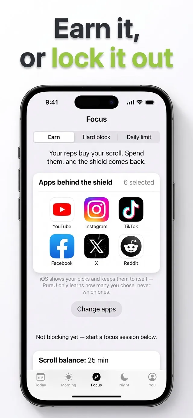 The blocker: apps behind the shield, with earn-back, hard block and daily limit.